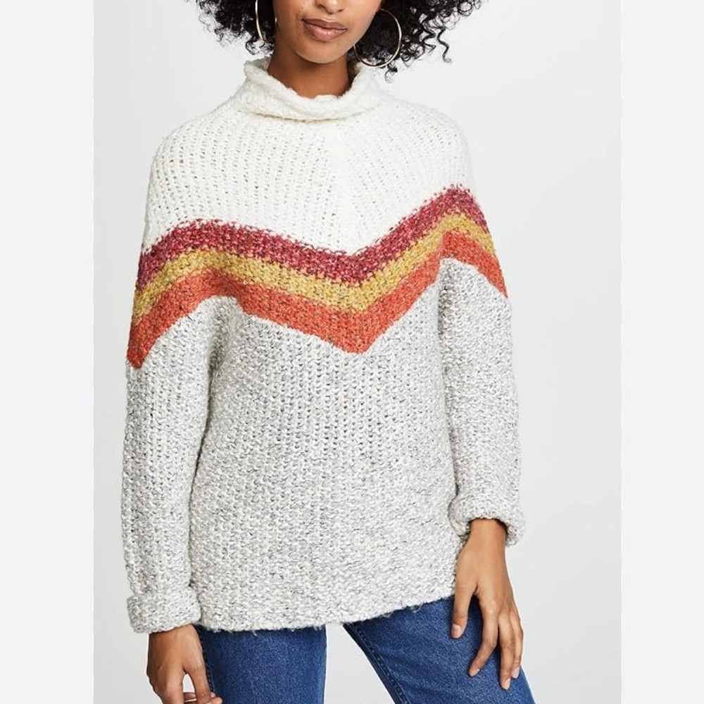 Free People Turn Around Pullover Chunky Sweater Tunic Chevron Wool Blend Women L